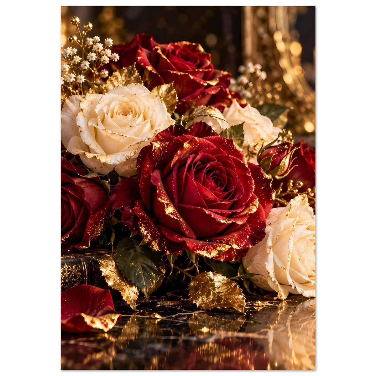 Poster: Rosenstrauß in Bordeauxrot, Cremeweiß & Gold, goldige Akzente und Blüten