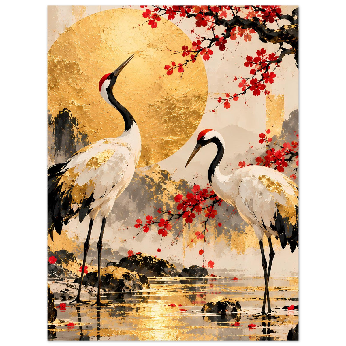 Poster mit Kranichen links und rechts, goldenem Mond, roten Kirschblüten am Baum