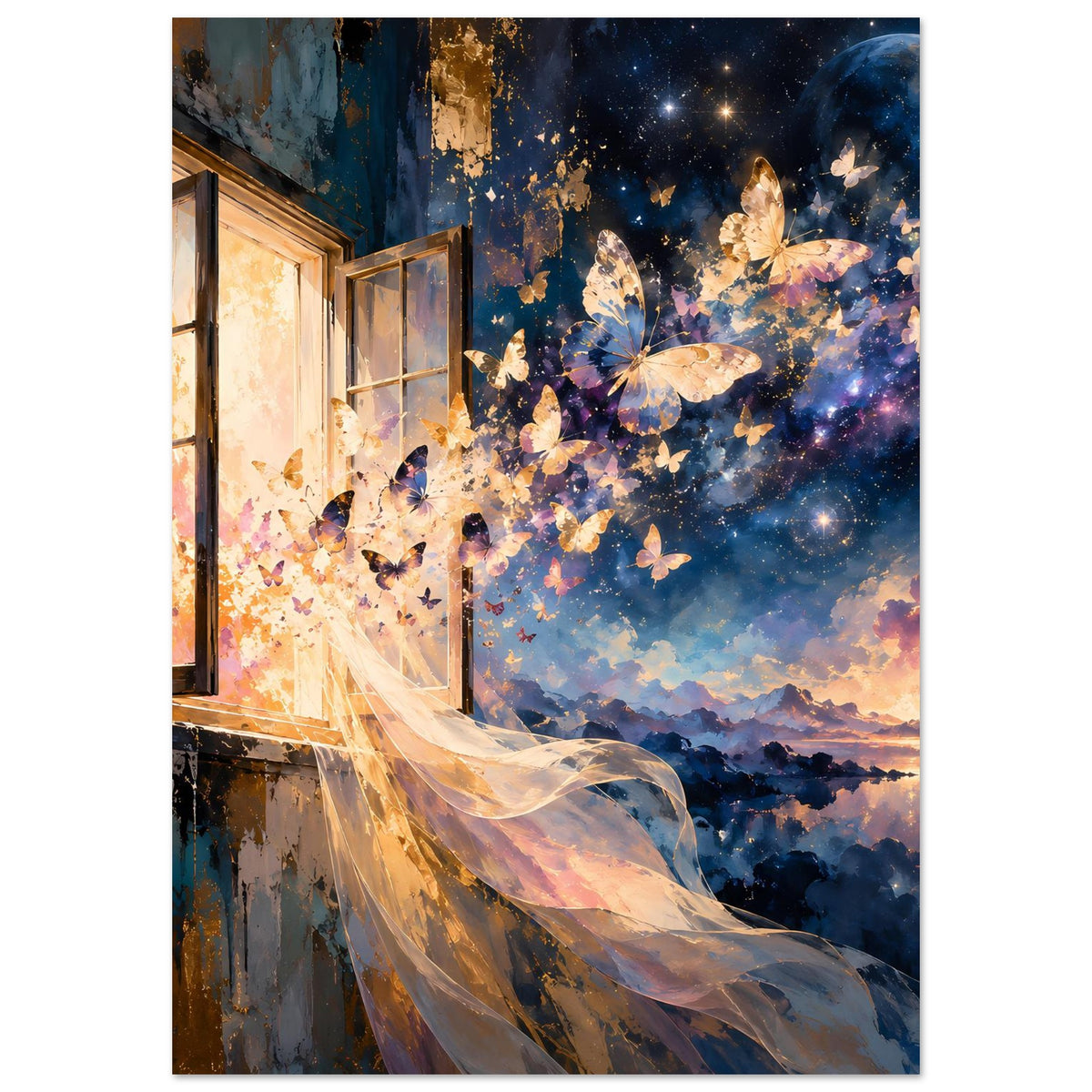 Kunstposter Hochformat mit Fensterblick, Stoffbahn und Schmetterlingen im Nachtmeer