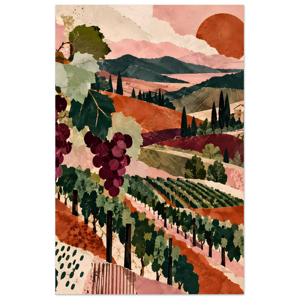 Poster Weinreben-Landschaft mit Weintrauben links, gestaffelten Hügeln, Zypressen und orangefarbener Sonne