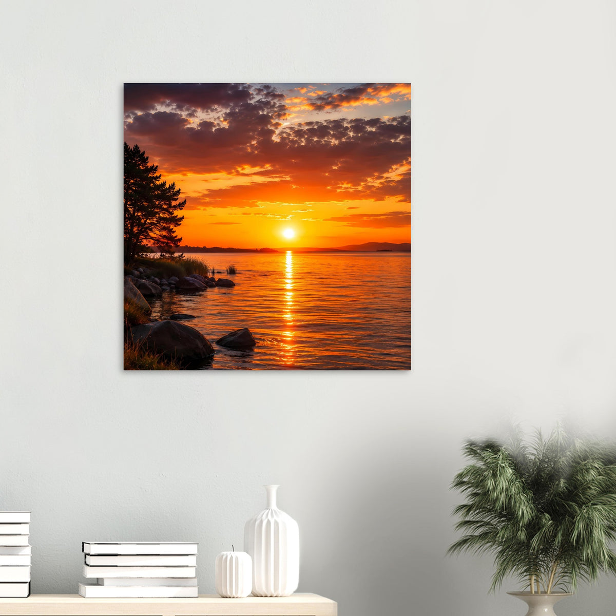 Quadratisches Poster mit Sonnenuntergang über dem Meer und reflektierendem Sonnenpfad