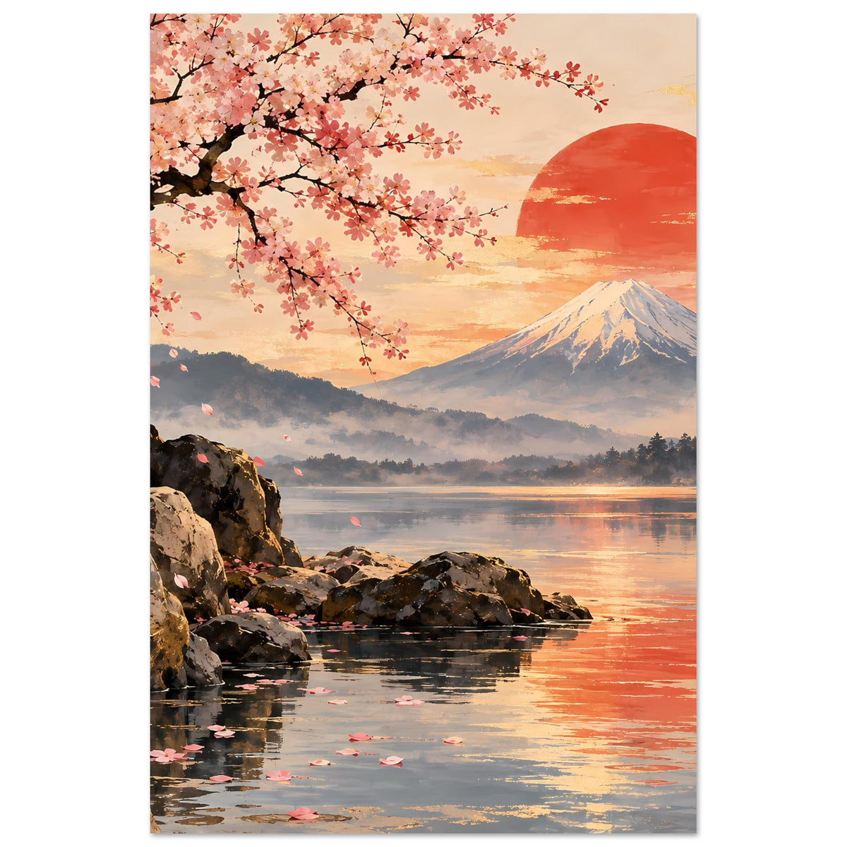 Kirschblüten-Poster mit Felsen am Ufer, See-Reflexion und Bergsilhouette unter roter Sonne