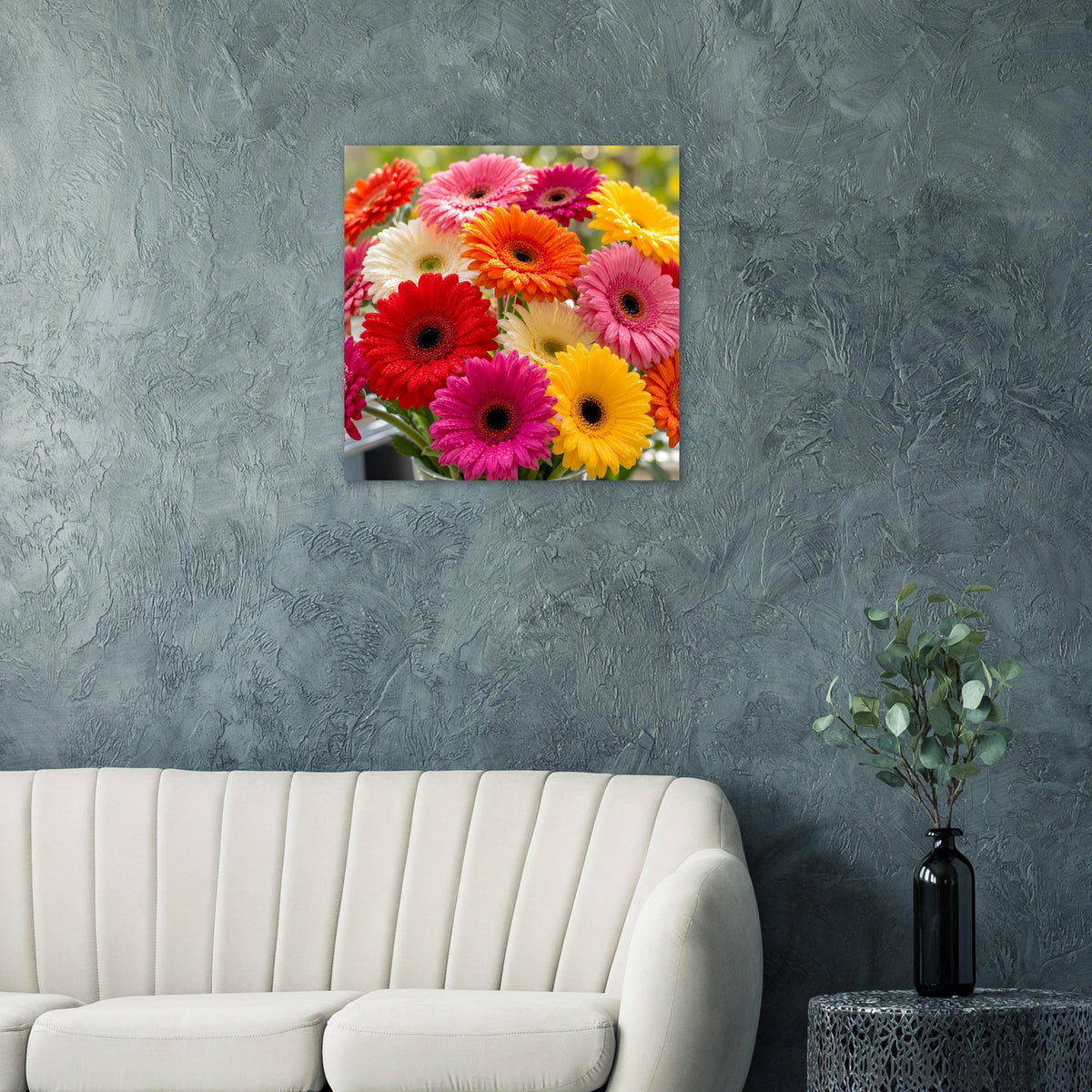 Gerbera-Blumenstrauß Poster im Rahmen mit leuchtenden Farben, mehrere gelb-rosa-rote Blüten