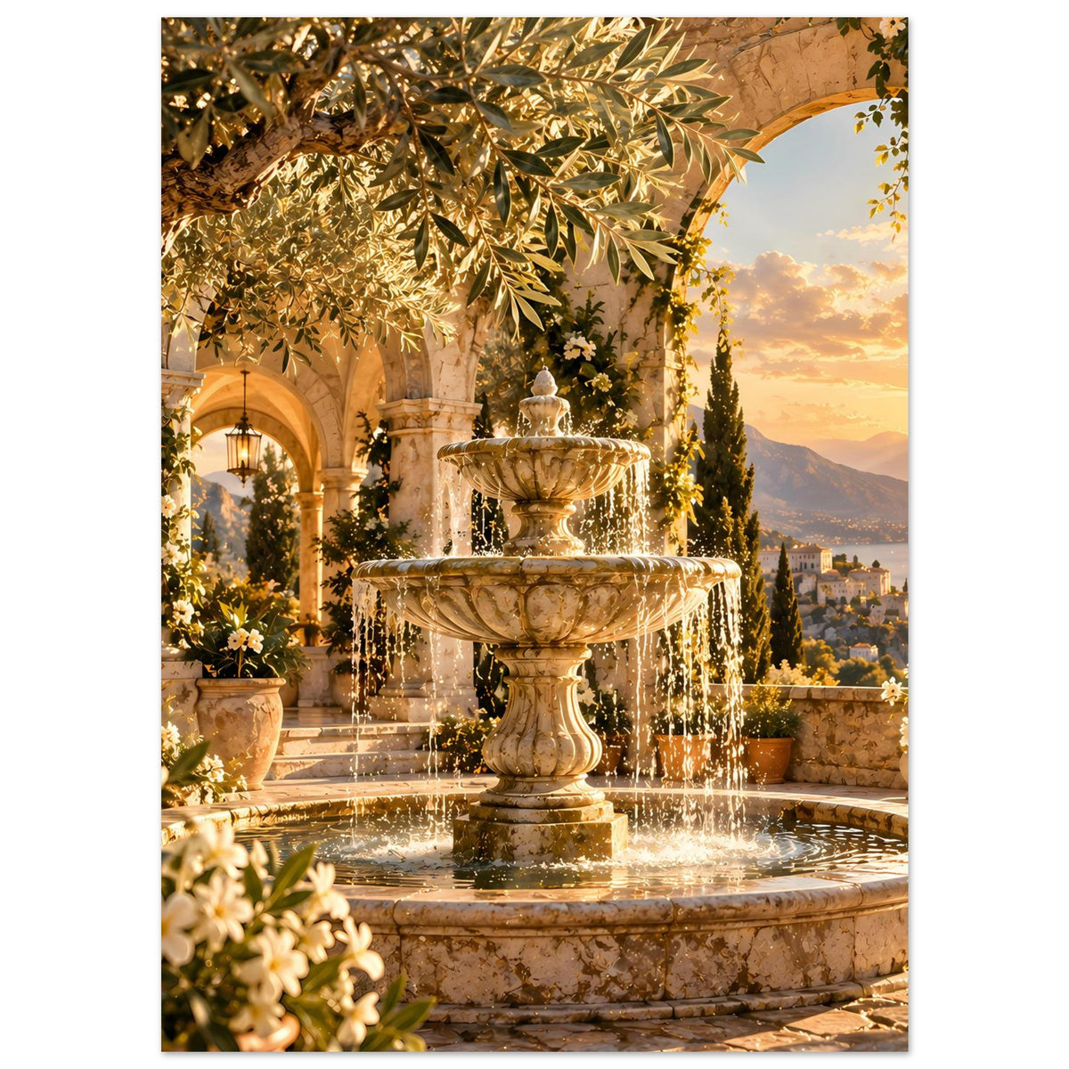 Poster mit großer Steinfountain, leuchtender Wassergischt und goldenen Blättern am Rand