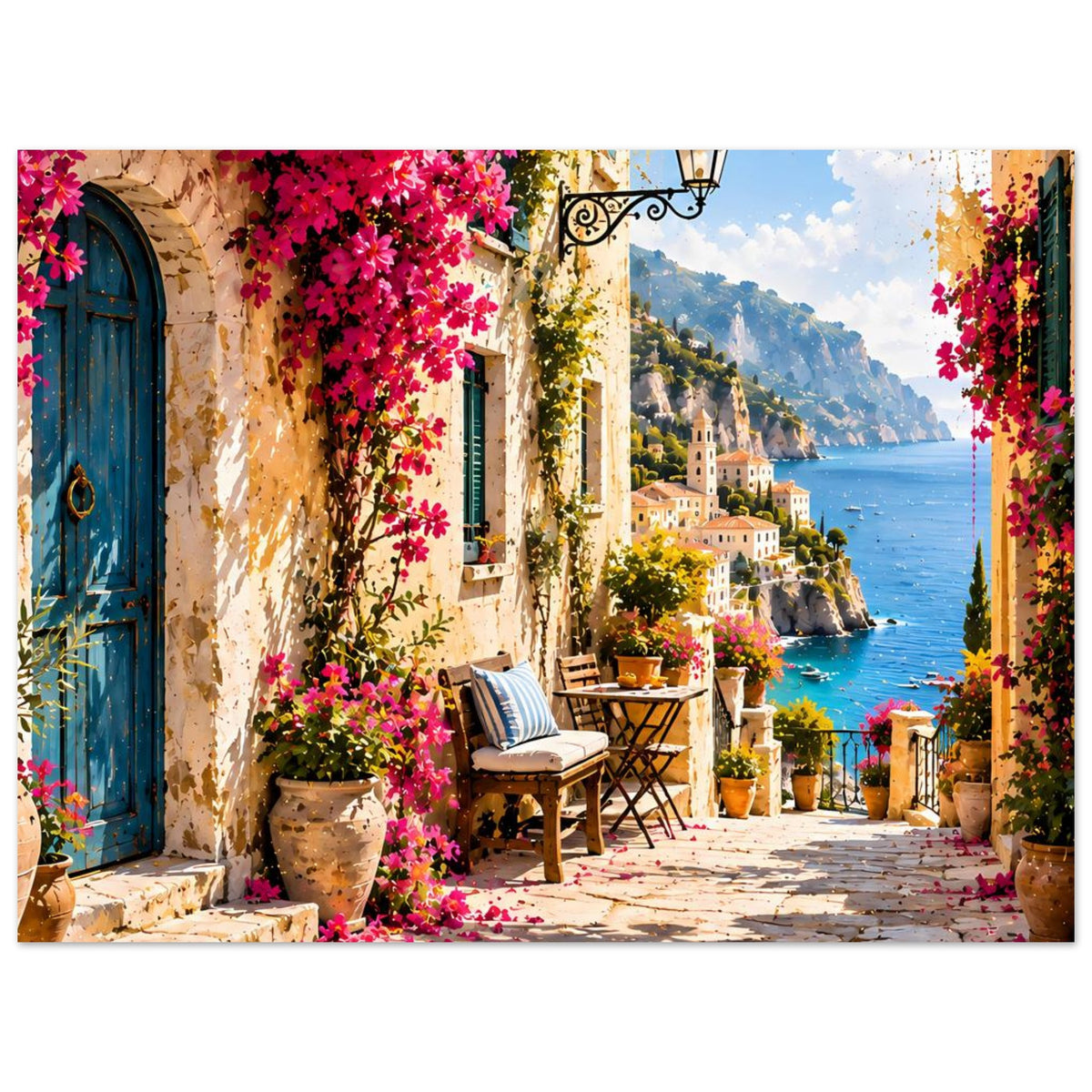 Mediterranes Querformat-Poster: Küstengasse mit pinken Blüten, blauer Tür und Meer