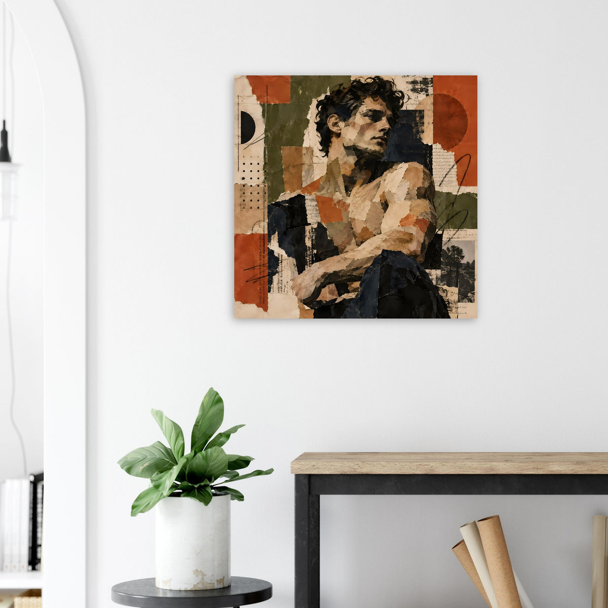 Vintage-Collagekunst-Poster mit Frauenporträt in Erdtönen, abstraktes Patchwork im Quadrat
