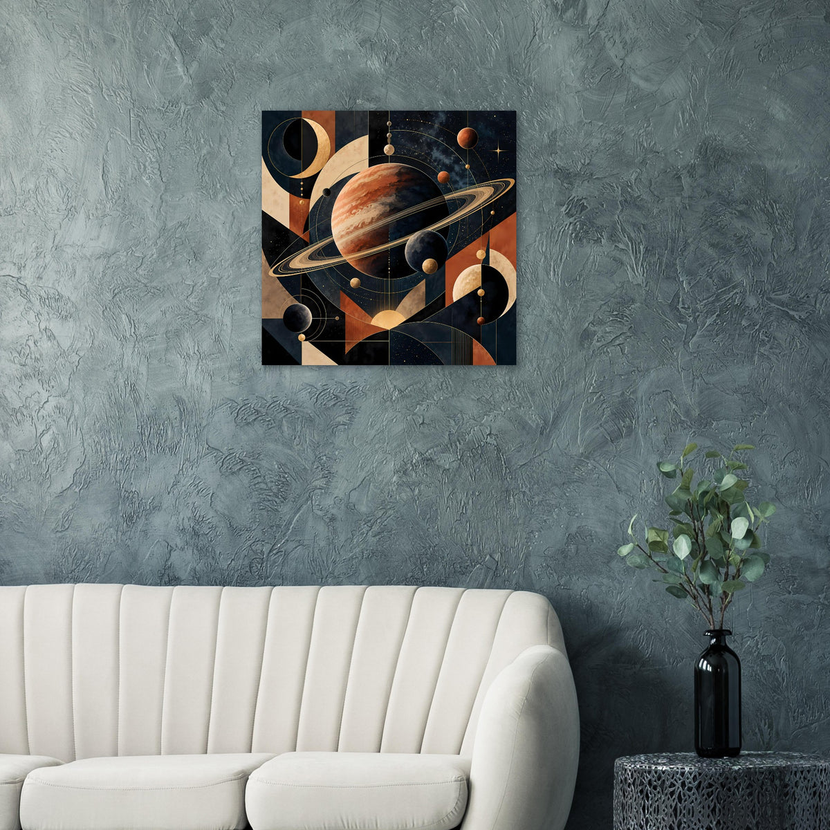 Wandposter mit abstraktem Weltraum-Motiv: Planet, Ringe und Kreise in warmen Erdtönen