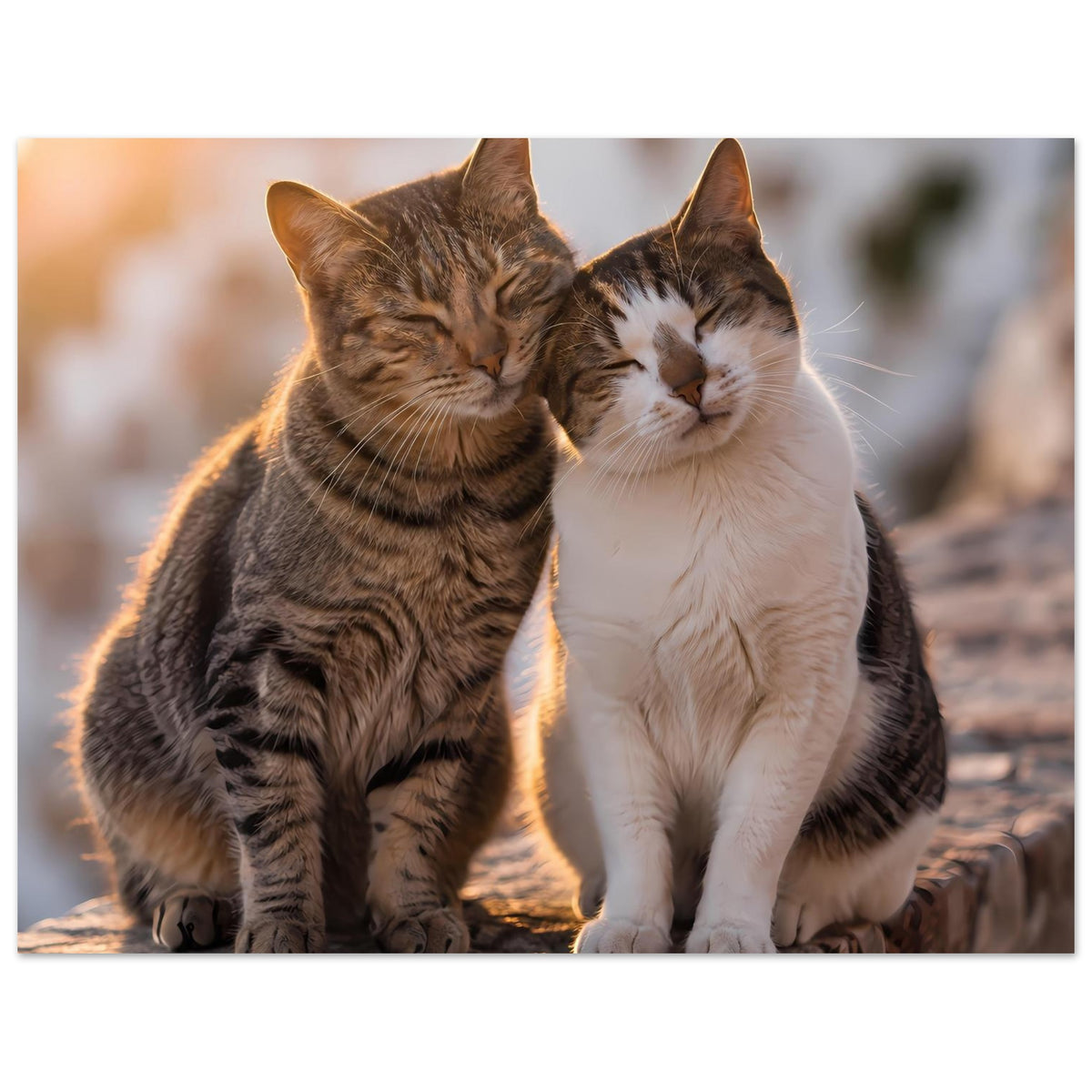 Katzenposter: zwei kuschelnde Katzen, graubraun und weiß, weich umschlungen auf Stein