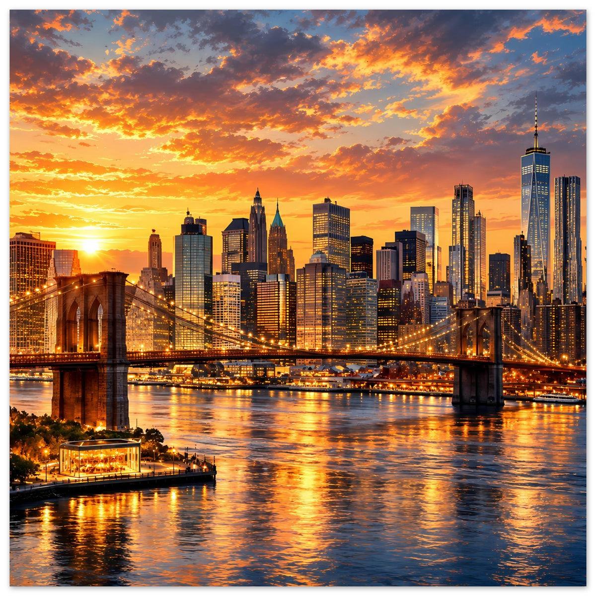 Horizontales Poster mit New-York-Skyline bei Sonnenuntergang über dem Fluss und beleuchteter Brücke