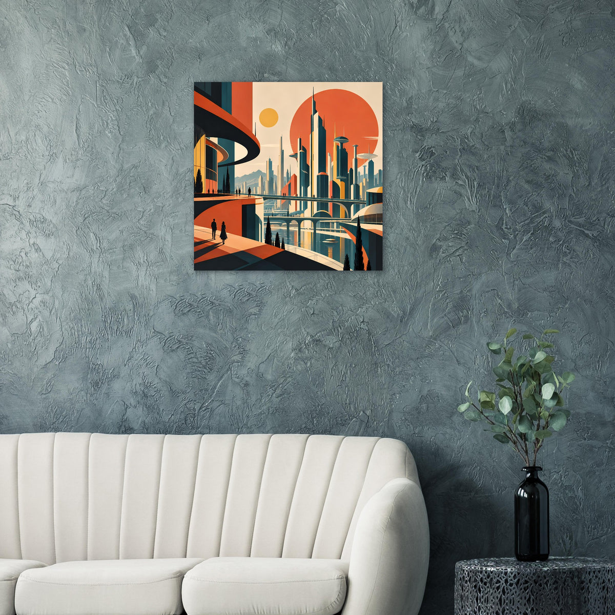 Retro-futuristisches Stadtposter mit Skyline, Brücken und orangefarbenem Himmel