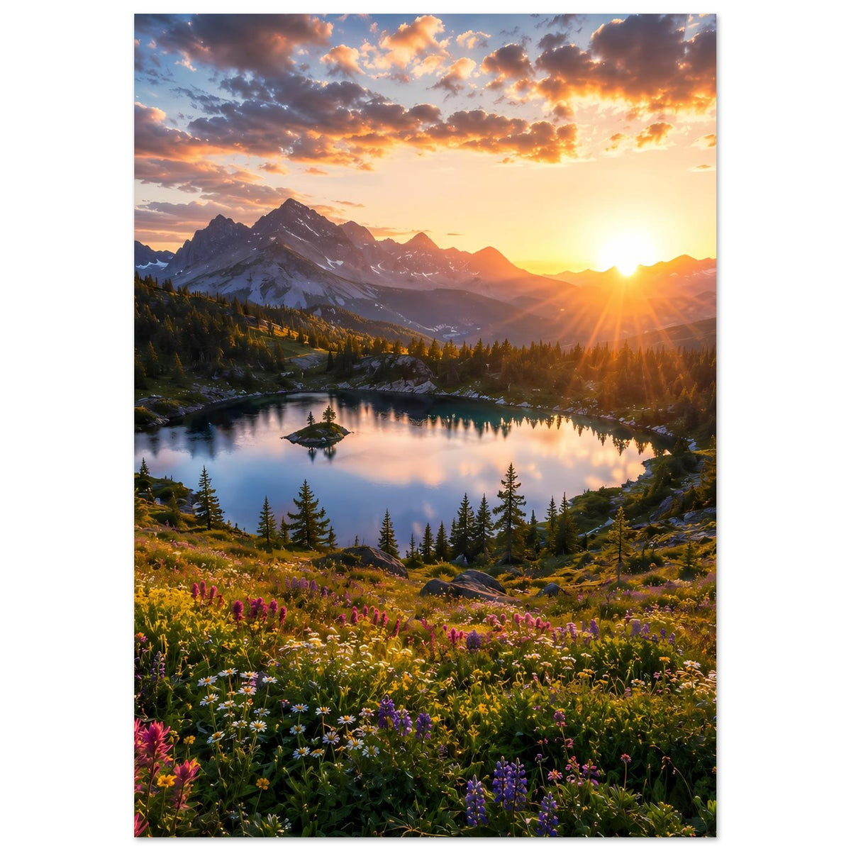 Vertikales Poster: Bergsee mit Steg, Sonnenuntergang über Bergen, Blumenwiese.