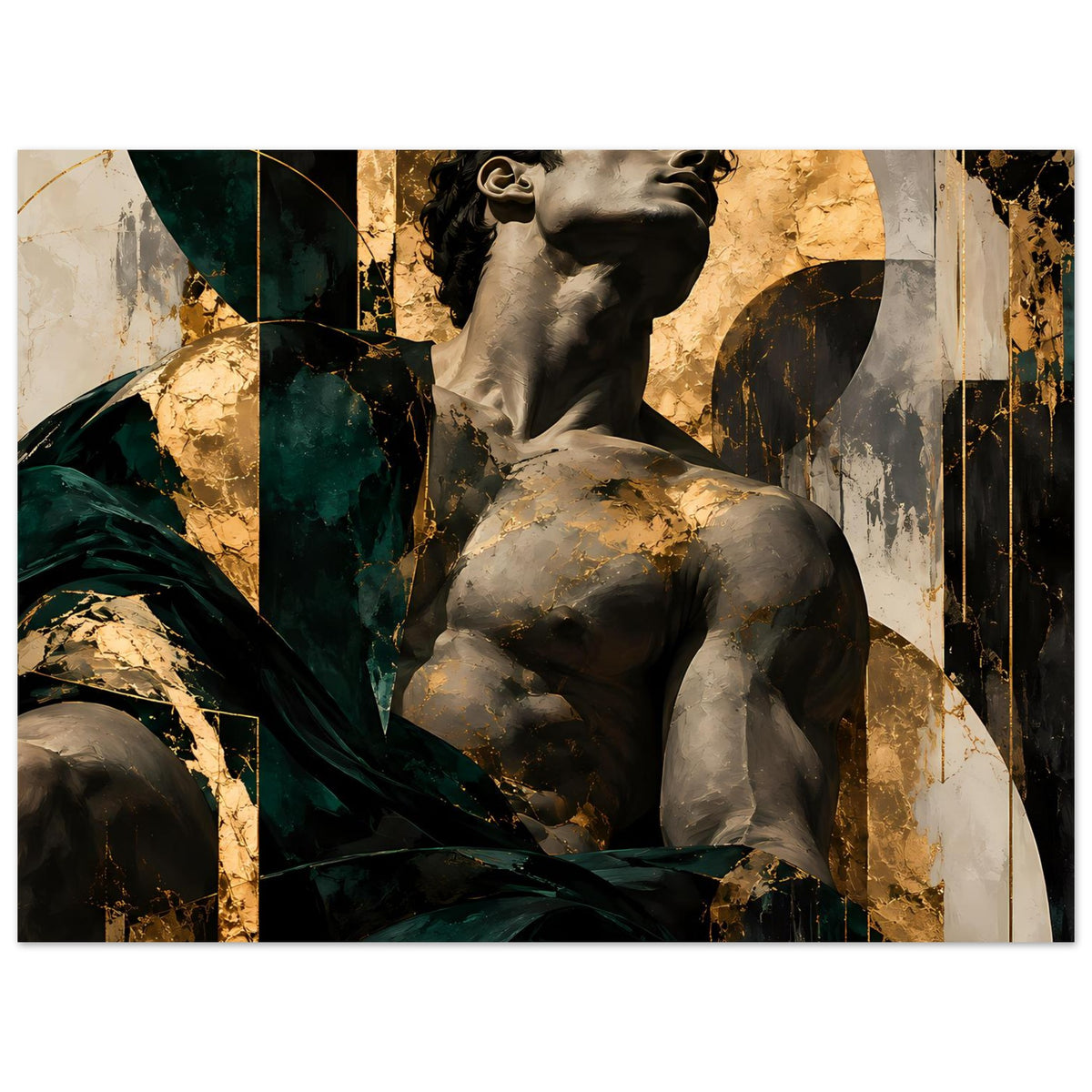 Kunstposter: Barockskulptur mit dunkler Draperie, Grau, Dunkelgrün und goldenen Strukturen