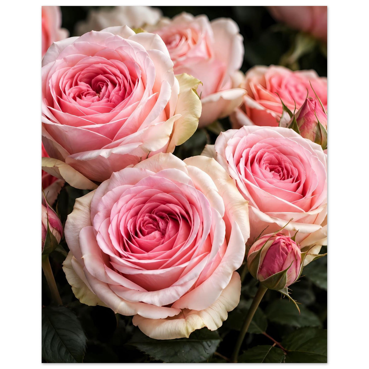 Rosenposter mit drei großen Rosetten in Rosa und Cremeweiß, umgeben von Knospen