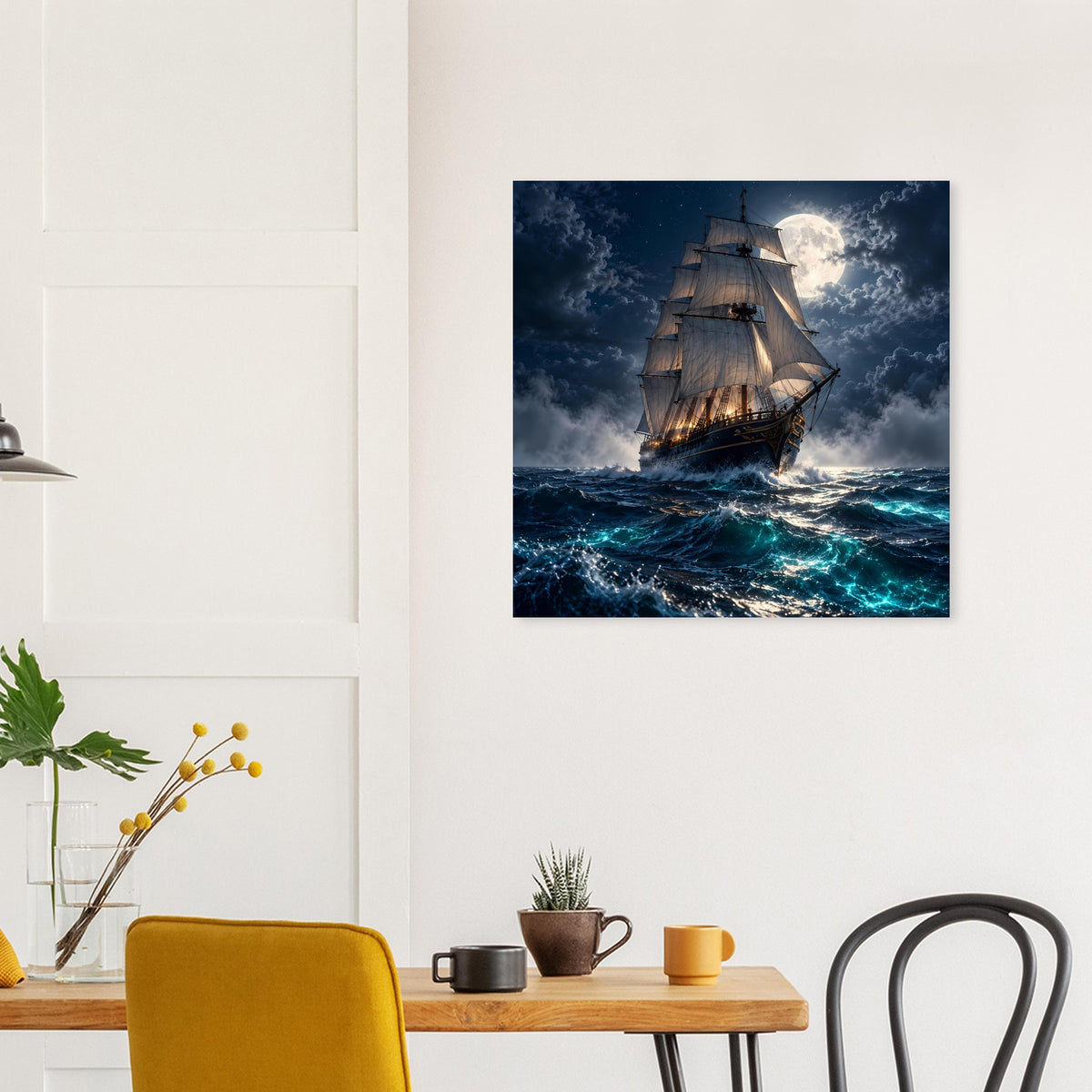 Poster mit Segelschiff bei Nacht, hellem Mond über türkisblauen Wellen