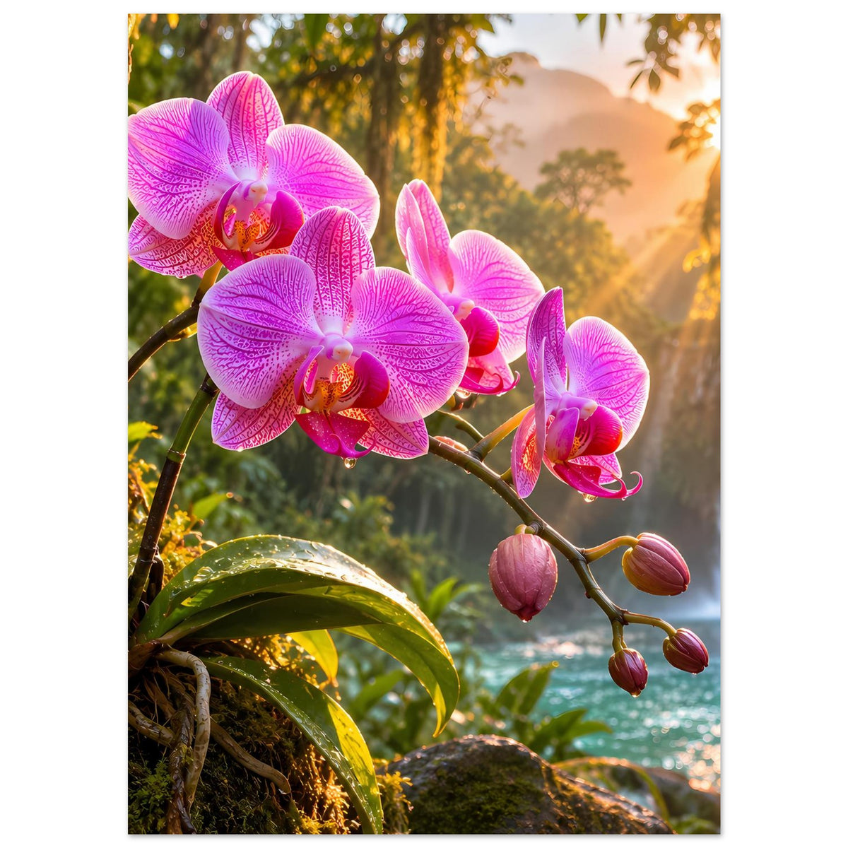 Naturposter im Hochformat: pinke Orchideenblüten an einem Zweig