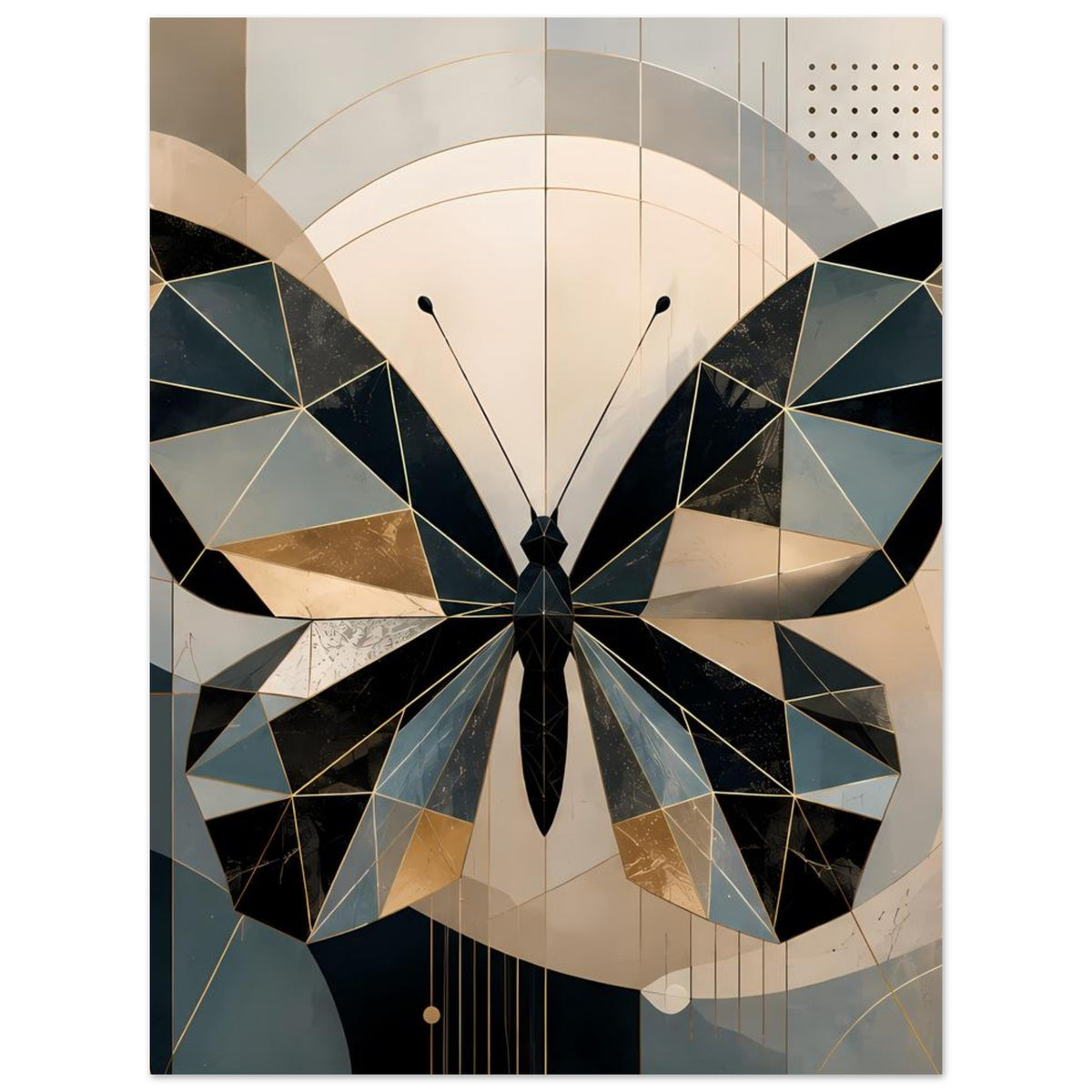 Poster mit geometrischem Schmetterling in Petrol und Gold, symmetrische Flügel und Linien