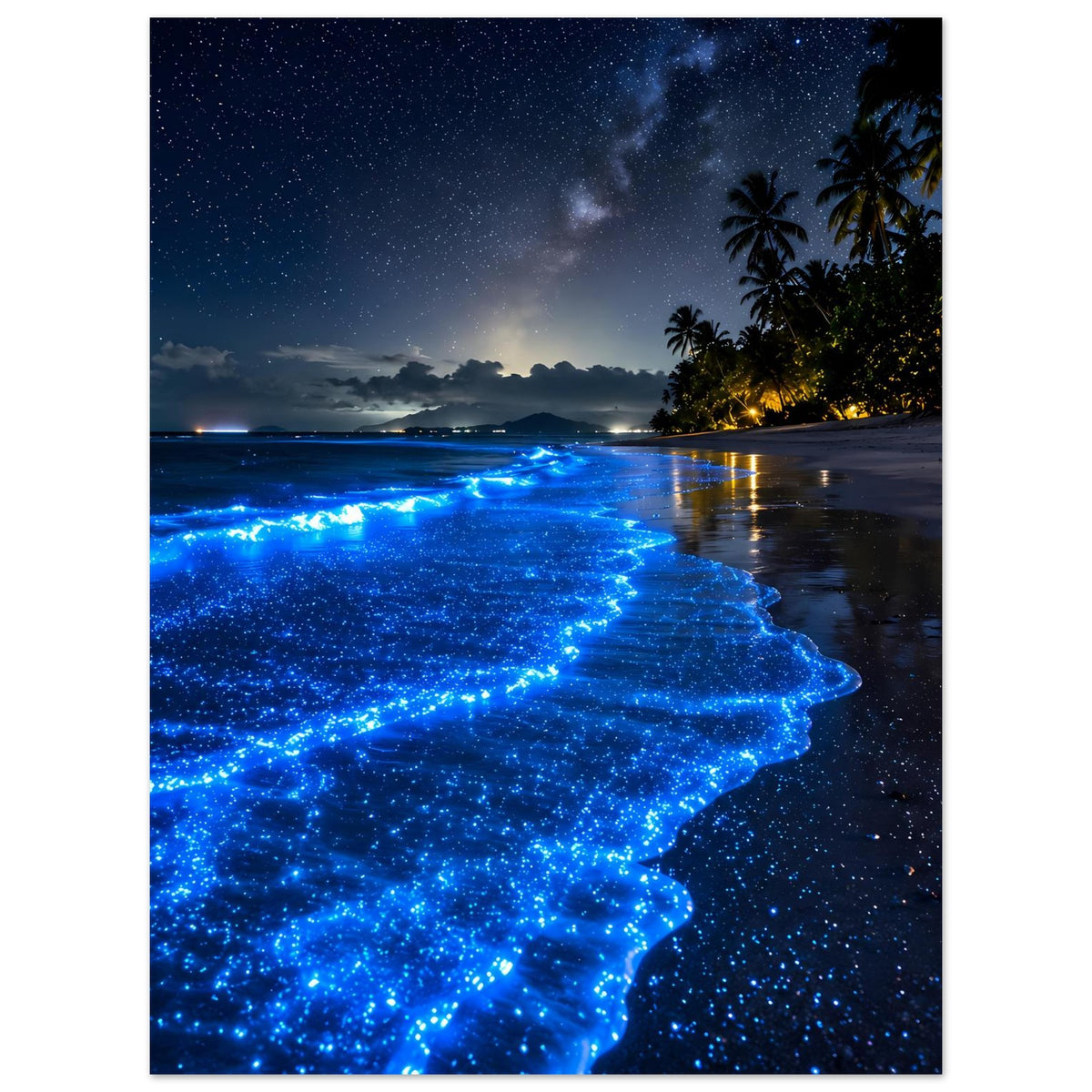 Poster mit leuchtenden blauen Meereswellen am tropischen Nachtstrand, vertikal