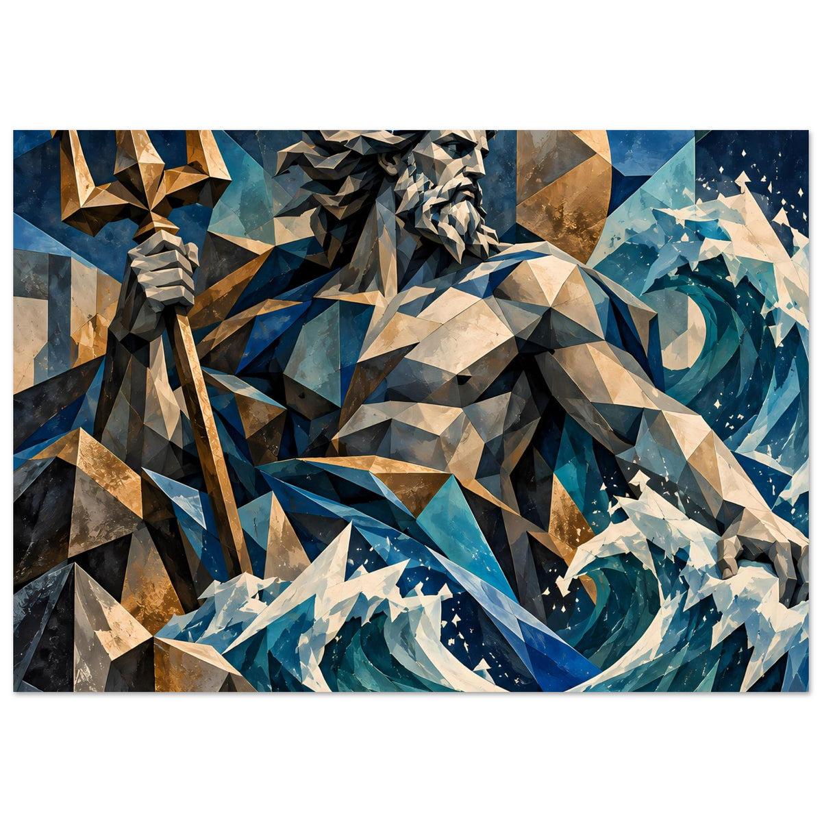 Geometrisches Poseidon-Poster mit Wellenfront, Trident links, blauweiße Sprayformen