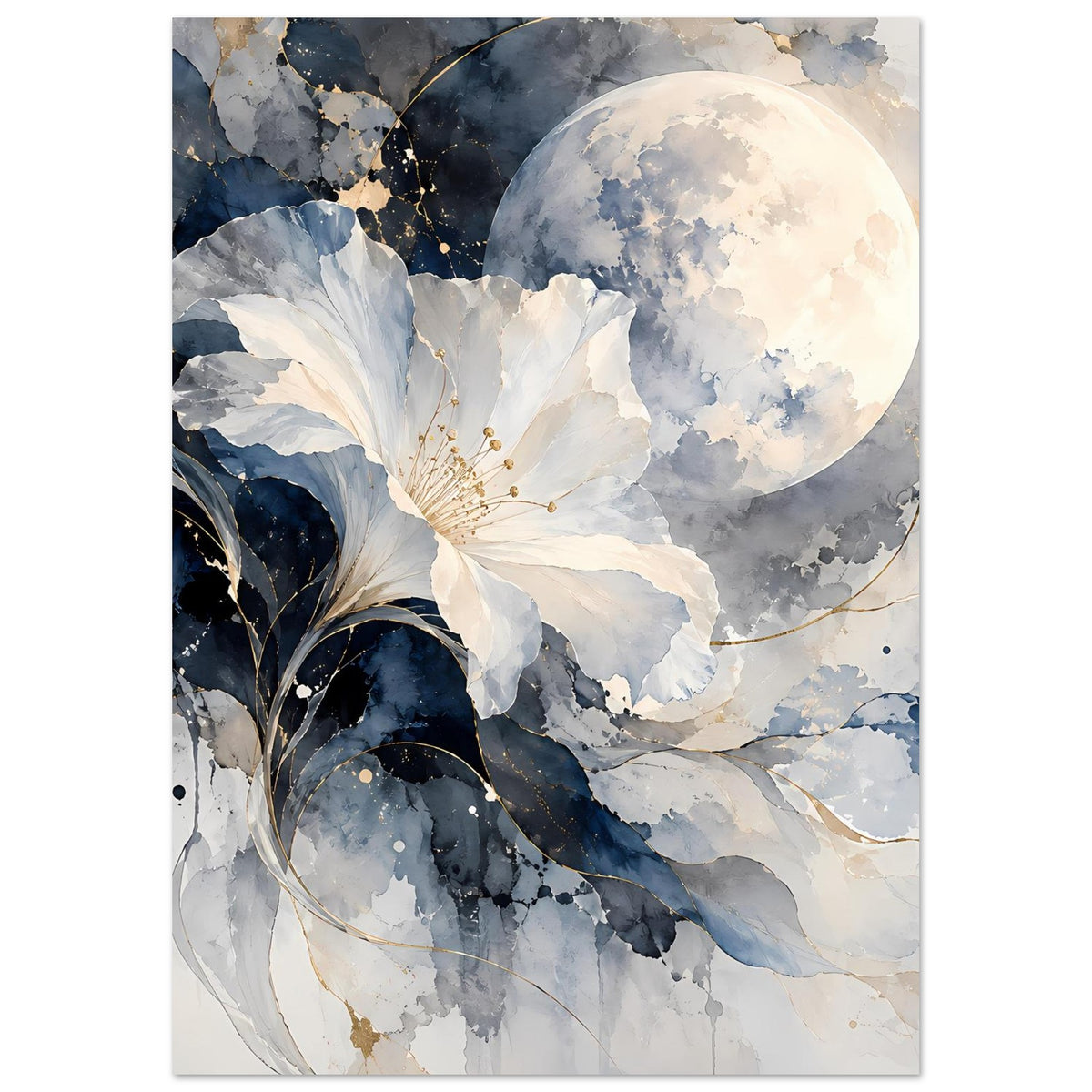 Poster mit Mondsichel und weiß-blauer Blüte, dunkle Federformen mit Goldakzenten im Aquarellstil