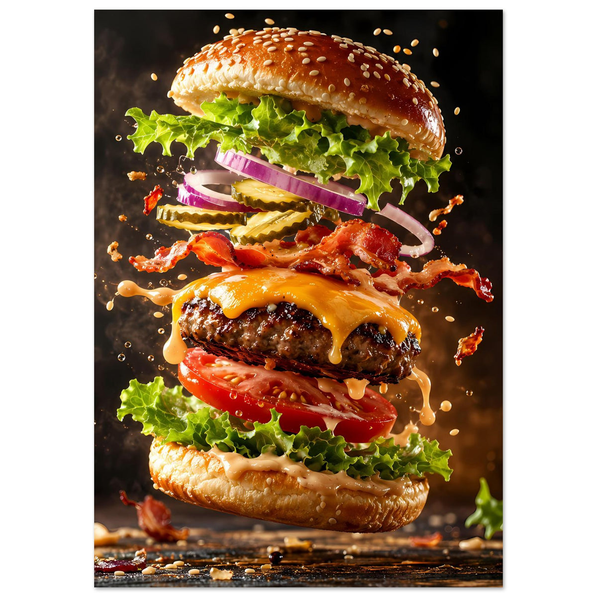 Burgermotiv-Poster im Hochformat: großer Burger mit grünen Salatblättern und gelber Soße