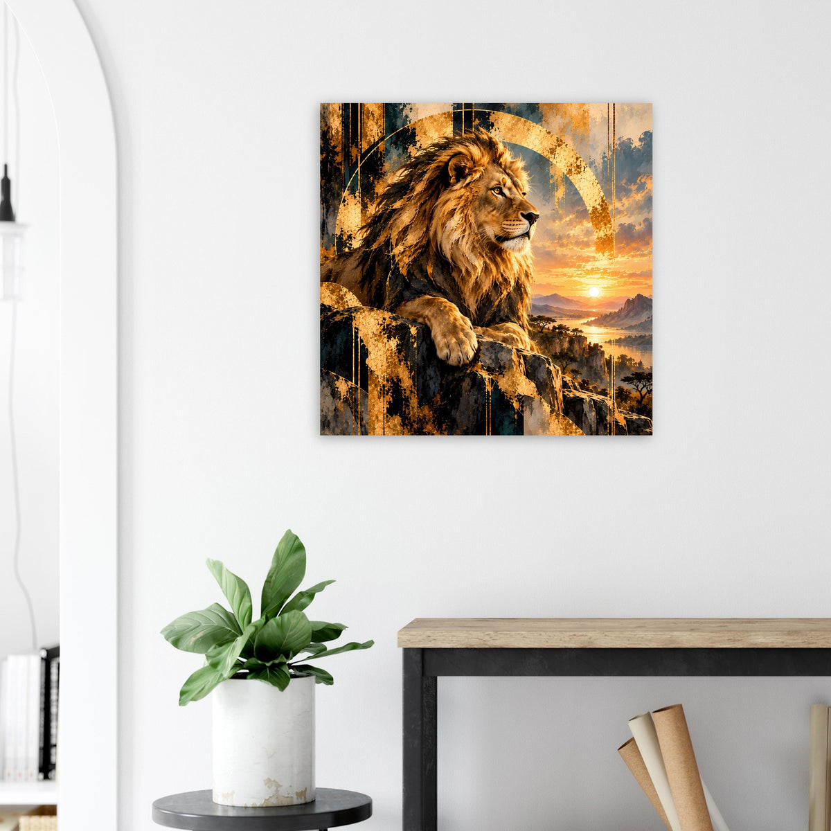 Wandposter mit Löwenmotiv und orange-goldenem Sonnenuntergang, Lichtring im Hintergrund