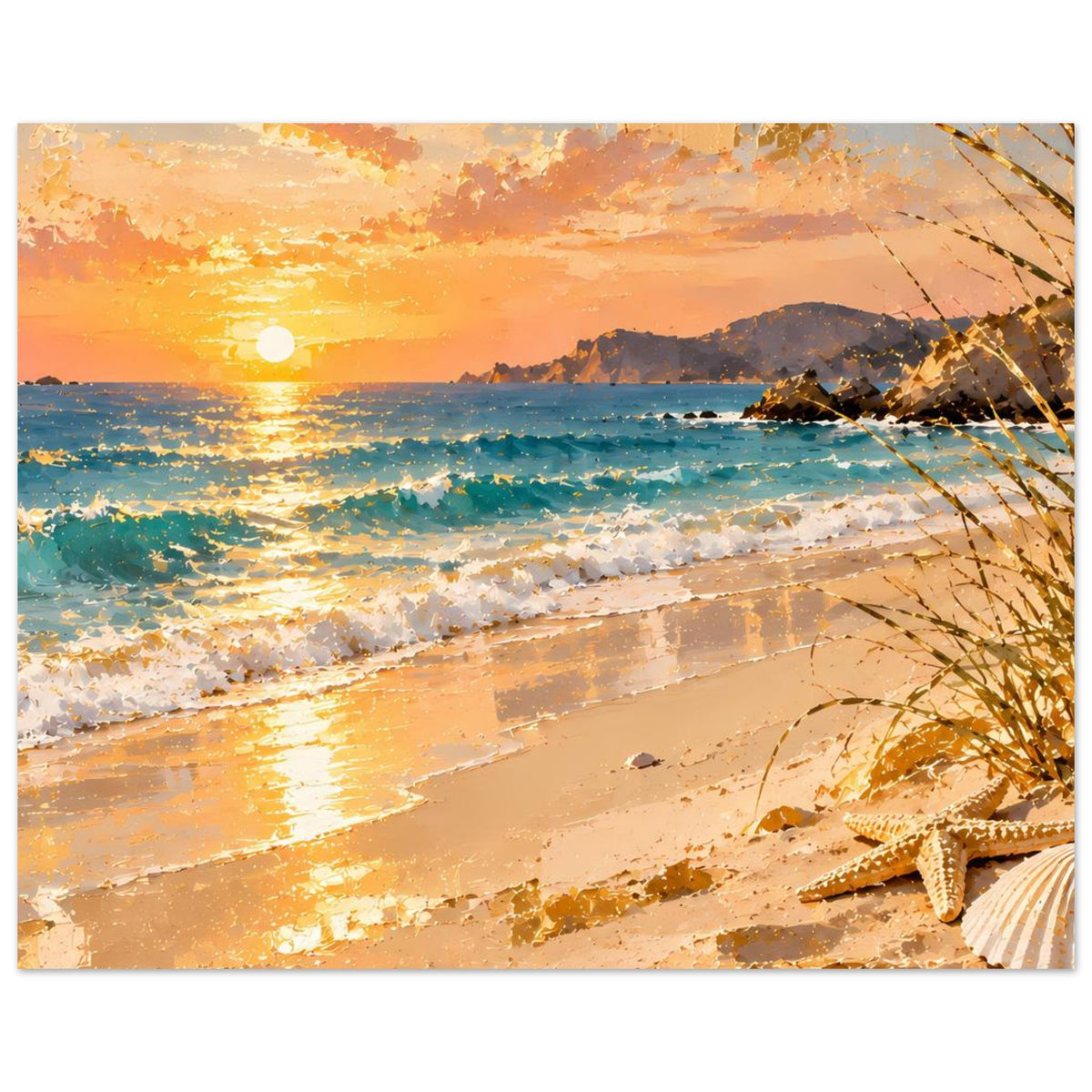 Breites Strandposter im Sonnenuntergang, goldene Reflexe, Wellen und Sand, horizontal gerahmt.