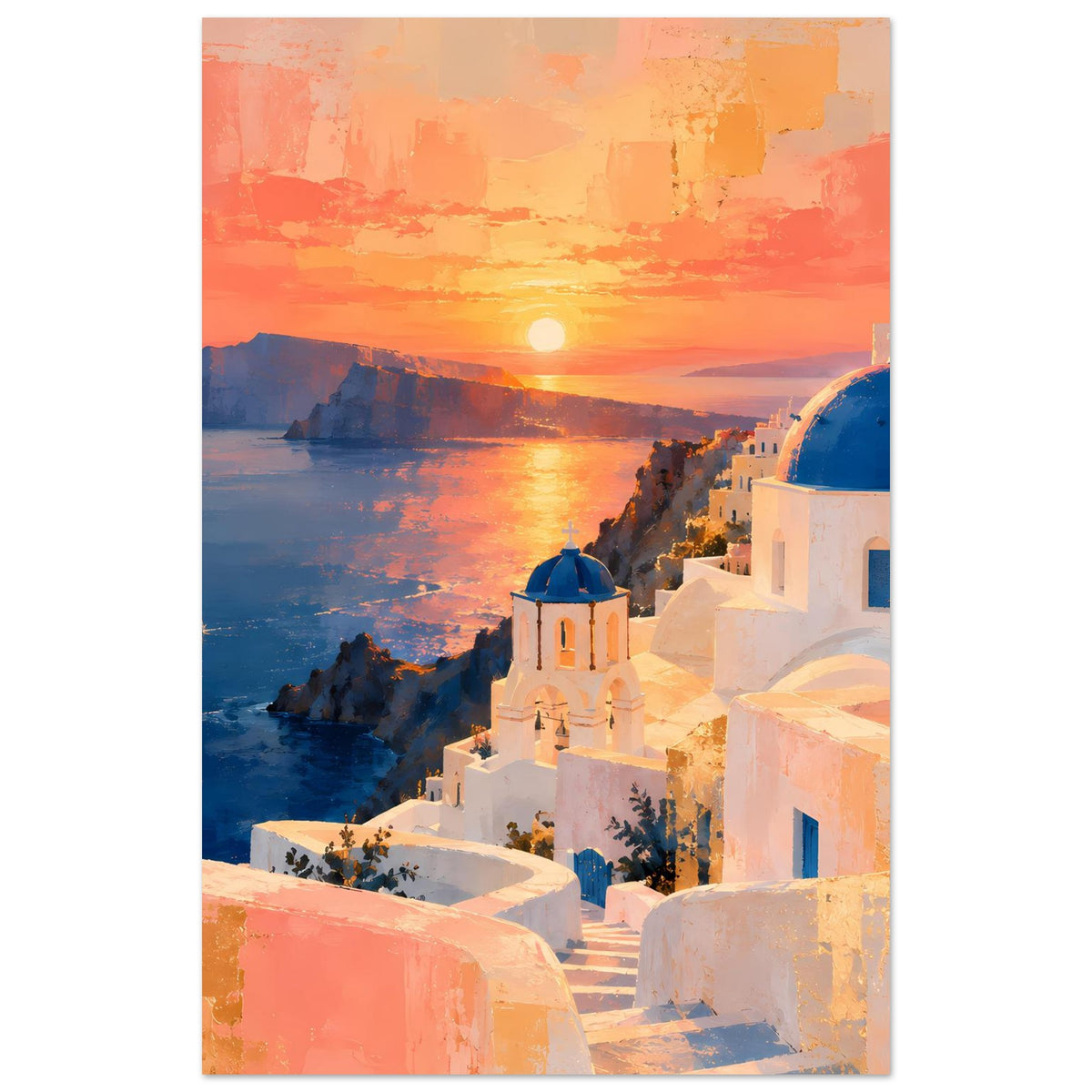 Poster im Hochformat: Sonnenuntergang am Meer vor weißen Häusern mit blauen Kuppeln