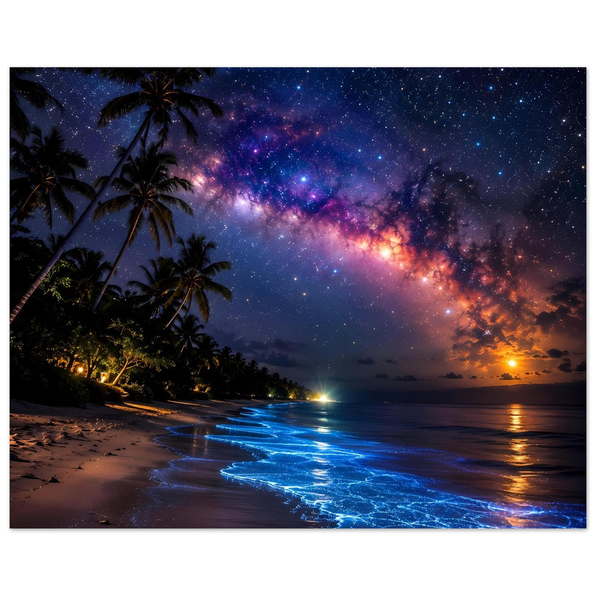 Poster: Strand bei Nacht mit Palmengen, Sternenhimmel und blau leuchtenden Wellen am Ufer