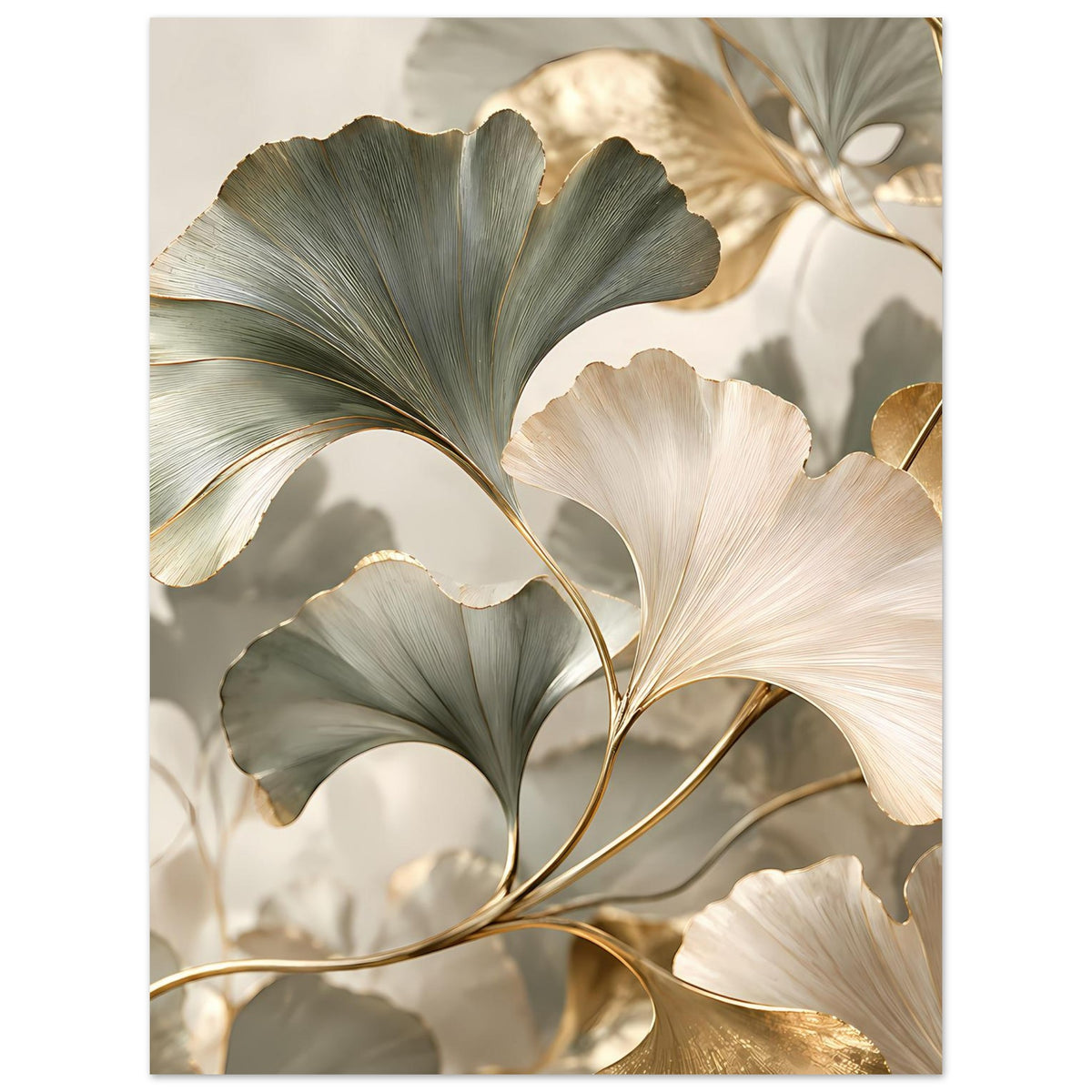 Poster mit Ginkgo-Blättern in Grün und Creme; goldene Ornamente und Adern im Motiv