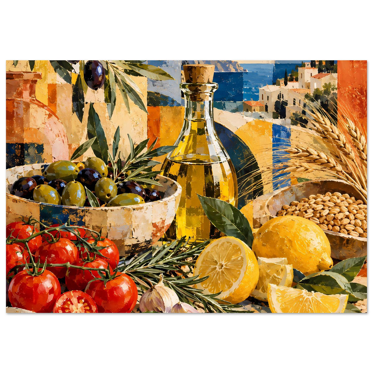 Kulinarisches Poster: Ölflasche neben Oliven, Tomaten, Zitronen und Weizenähren im Stillleben.