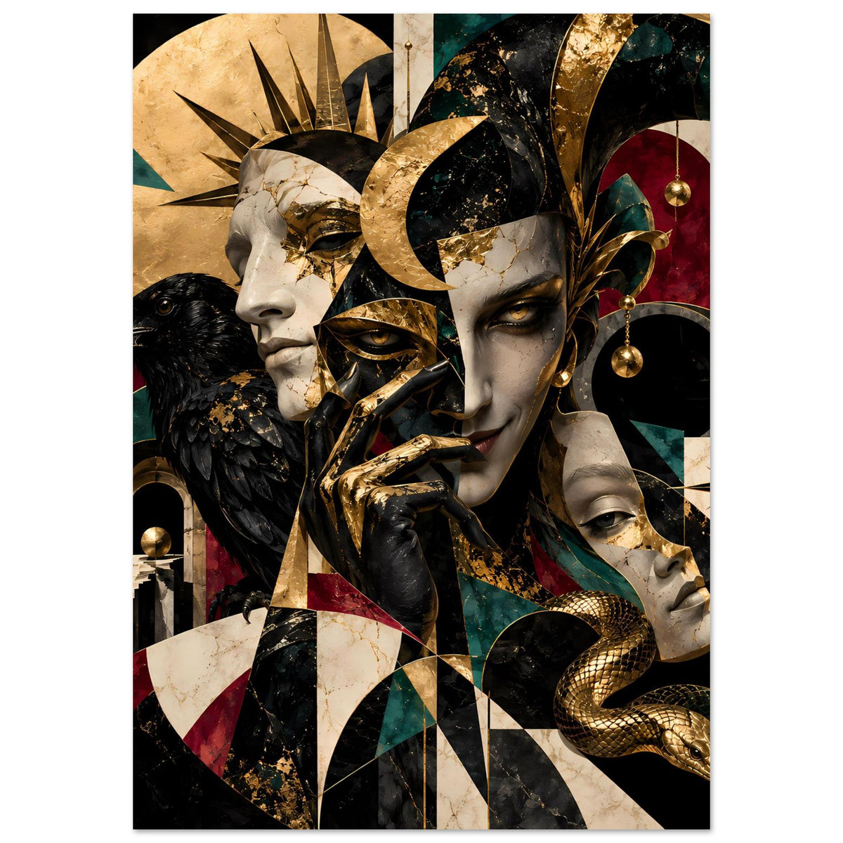 Kunstposter mit Goldakzenten, Hochformat: maskiertes Gesicht, schwarzer Vogel, goldene Schlange