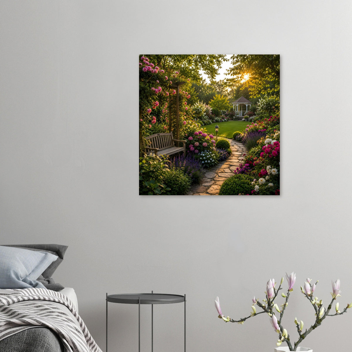 Gartenposter im Kleinformat: Blumenweg, Laterne und Pavillon