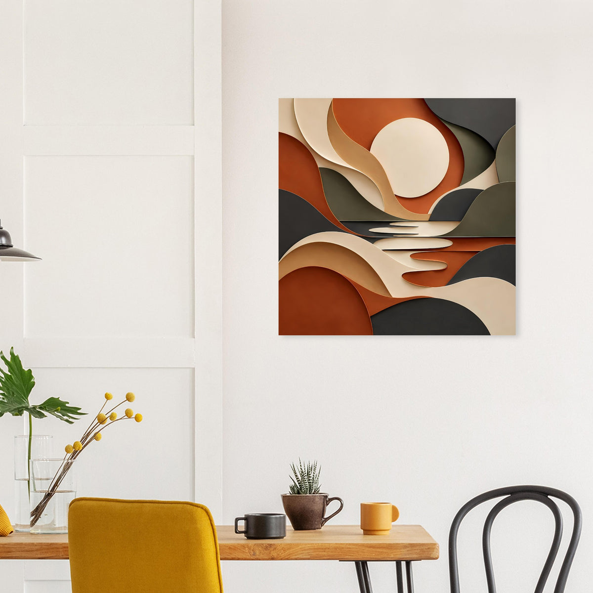 Kunstposter mit abstrakten Linien und Flächen in Terrakotta, Salbeigrün, Dunkelgrau
