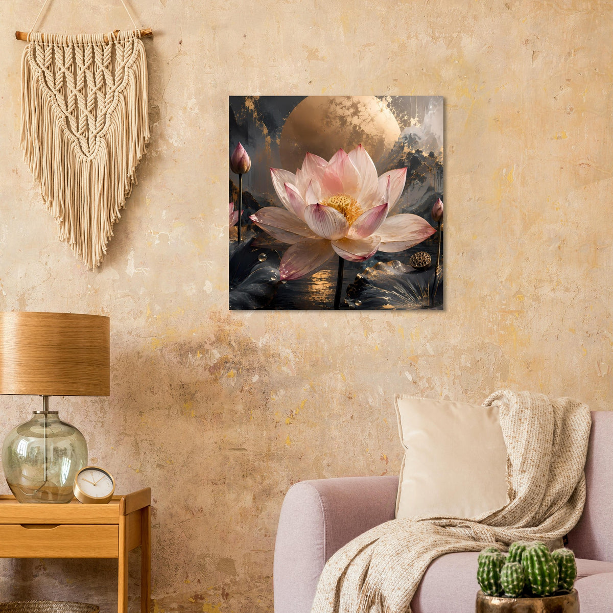 Poster mit rosa Lotusblüte auf dunklem Blattteppich, goldener Mond im Hintergrund
