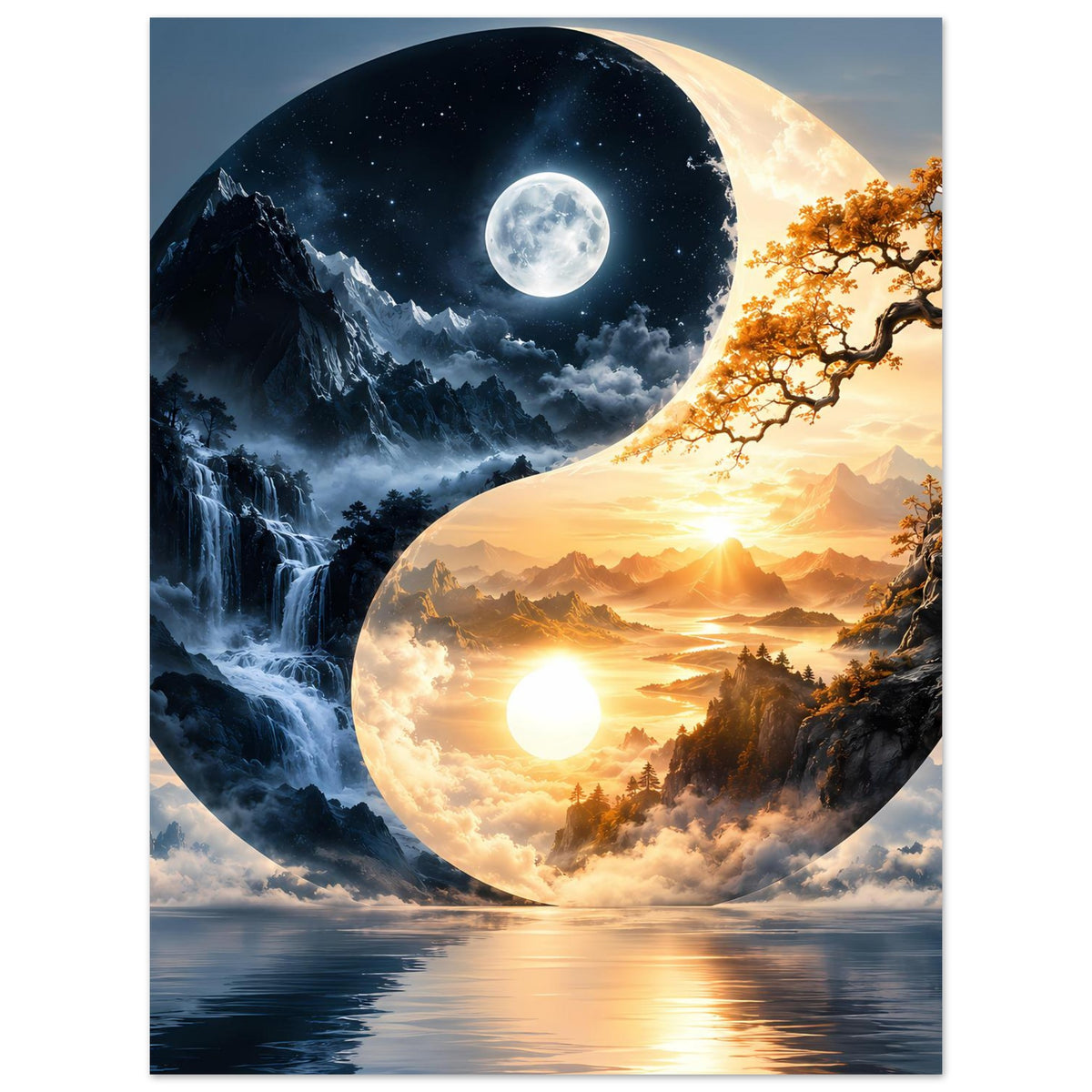 Yin-Yang-Landschaftsposter mit nächtlichem Mondgebirge und hellem Sonnenaufgangs-Tal