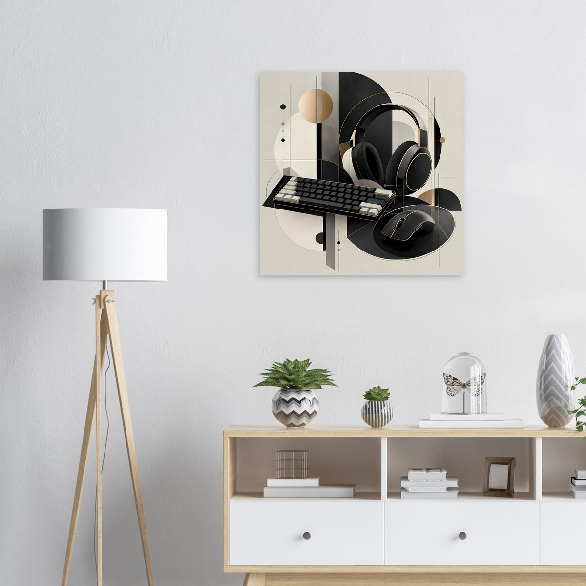 Gaming-Poster mit Geometrie: Kopfhörer und Tastatur, Schwarz, Gold auf Creme