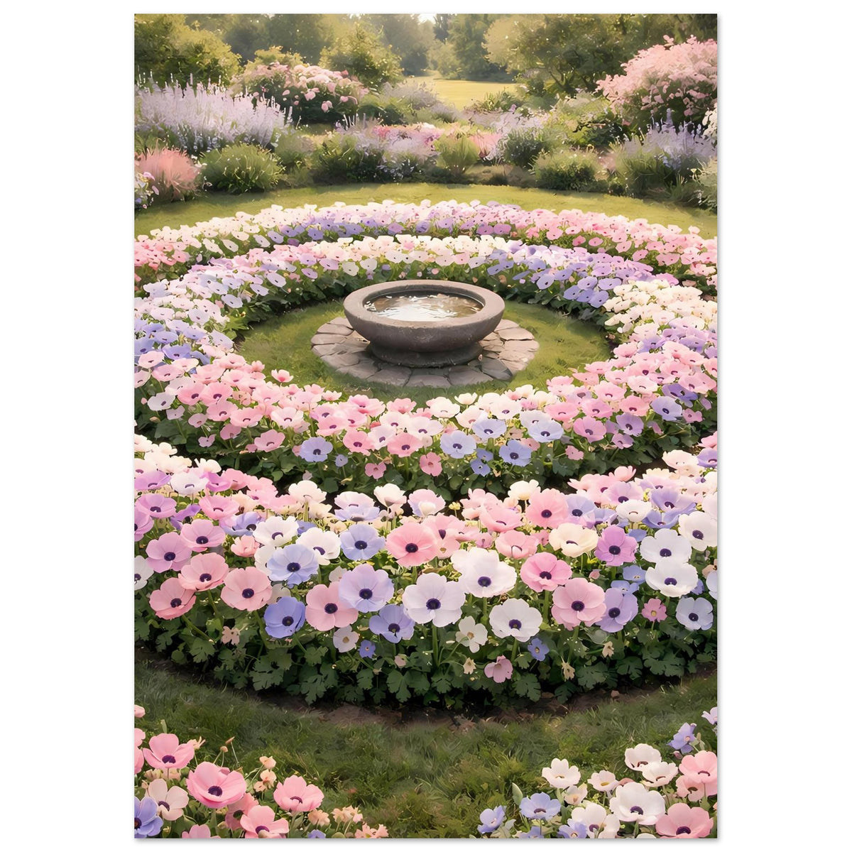 Vertikales Blumenbeet-Poster mit Steinschale in der Mitte und bunten Pastellblüten