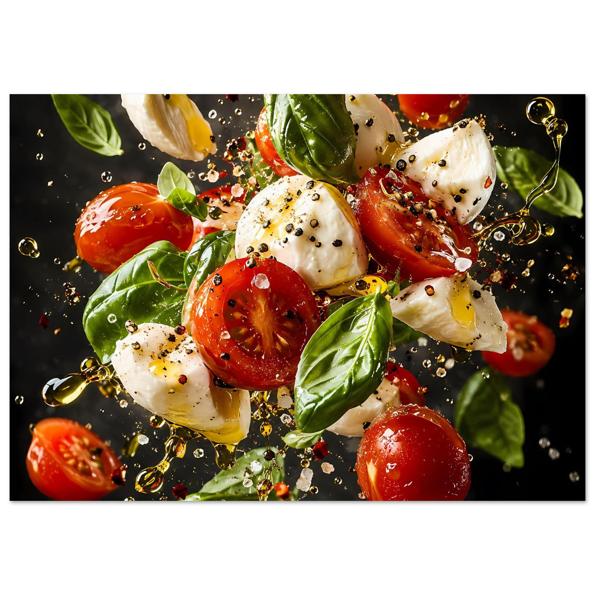Caprese-Salat-Poster (quer) mit Tomaten, Mozzarella und Basilikum, Sprenkel und Tropfen