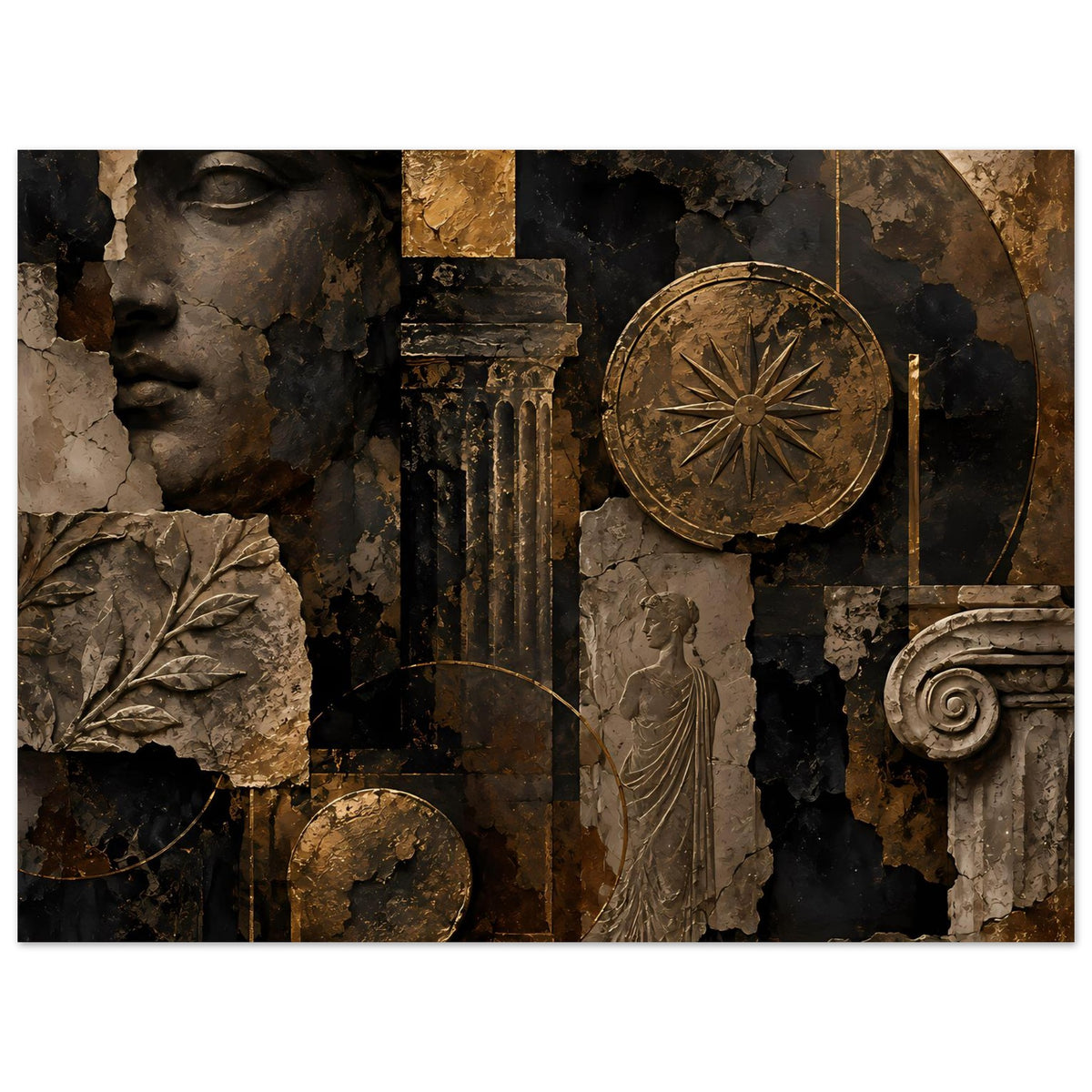Wandposter Querformat: antikes Relief in dunklen Tönen mit bronzefarbenem Rad und Figur