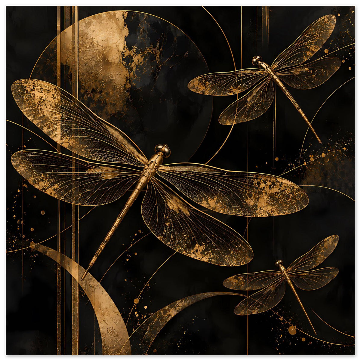 Poster mit goldenen Libellen und Flügeldetails, dunkler Hintergrund mit abstrakten Ornamenten