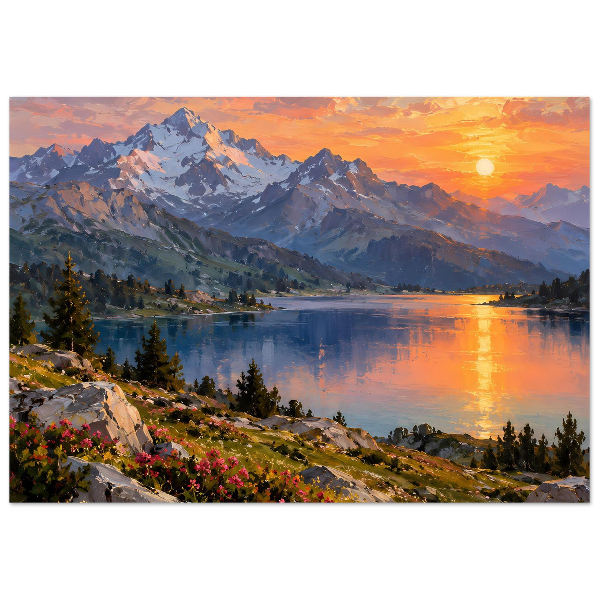 Poster mit Bergkette und ruhigem Bergsee, orangefarbene Sonne, Blumen und Felsweg am Ufer