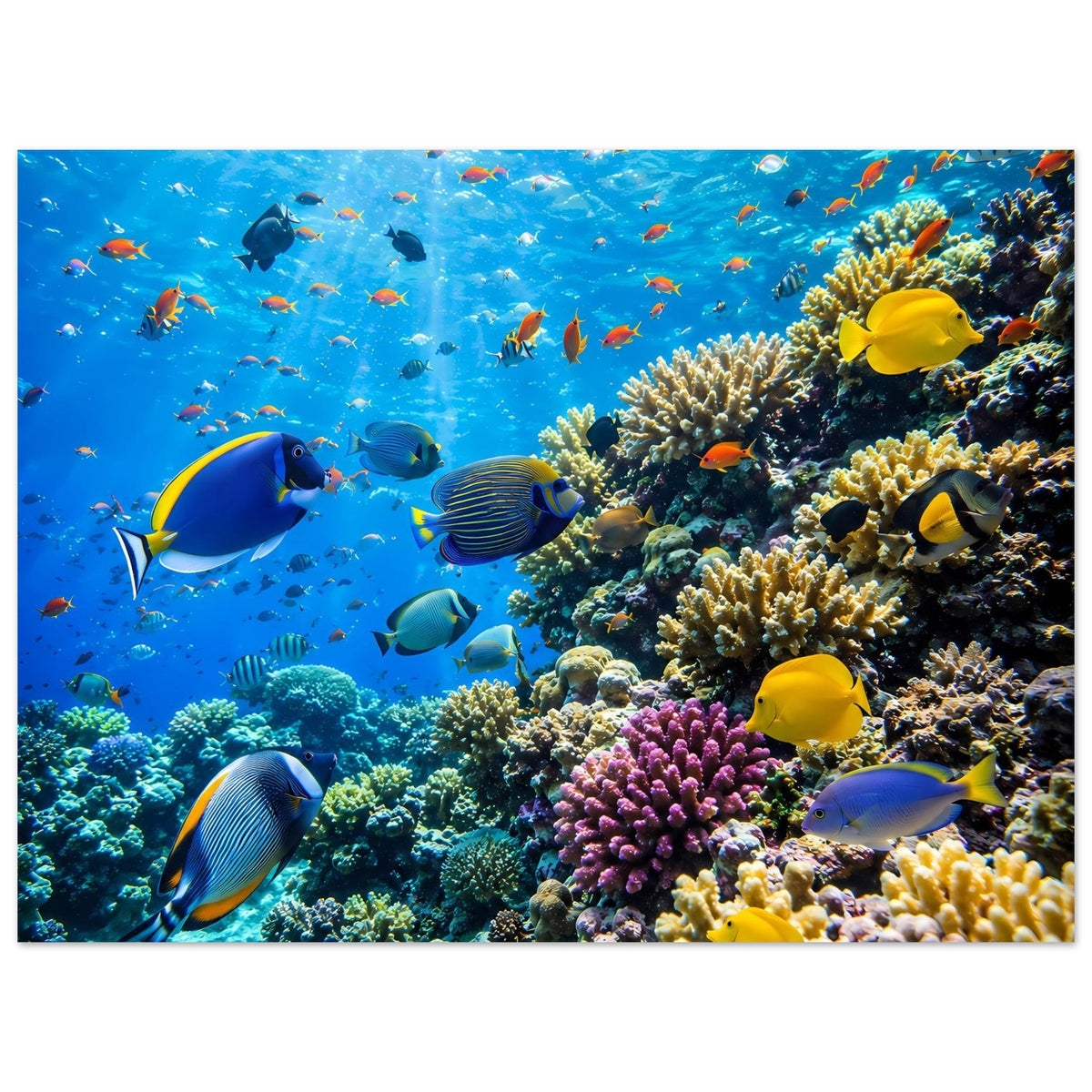 Unterwasserposter mit Korallenriff, gelbe Fische rechts und bunte Schwarmfische im Blau