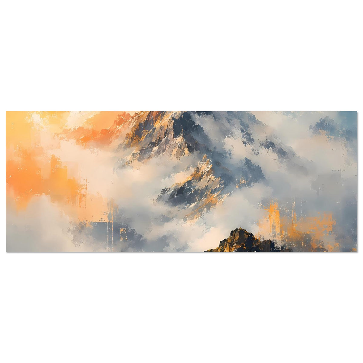 Horizontales Poster mit Berglandschaft im Sonnenaufgang, orange-gelbe Wolken und blaue Berge
