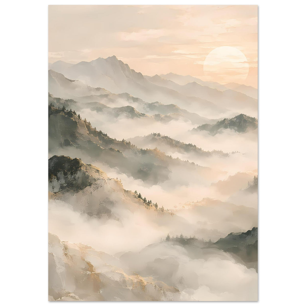 Vertikales Poster mit nebligen Bergen und hellem Morgenhimmel mit Sonne