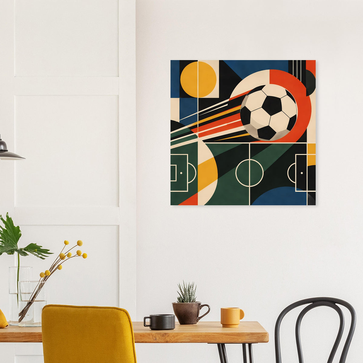 Buntes Fußballkunst-Poster mit geometrischem Spielfeld, Ball und dynamischen Linien