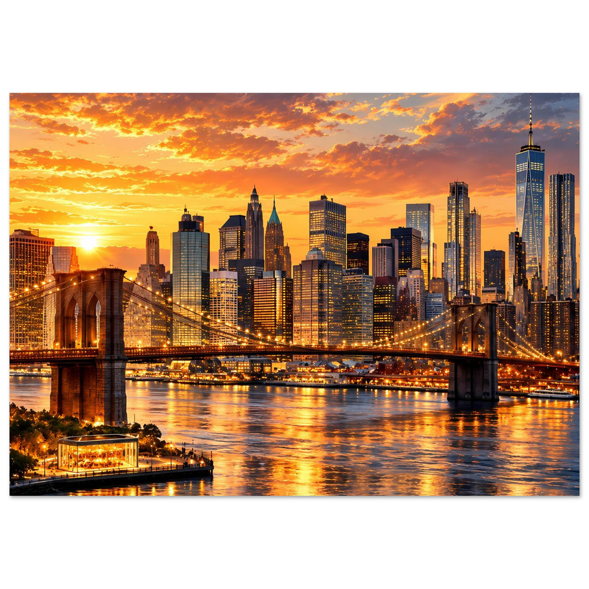 Poster mit New-York-City-Skyline im Sonnenuntergang, Brückenpfeiler links und Wasser