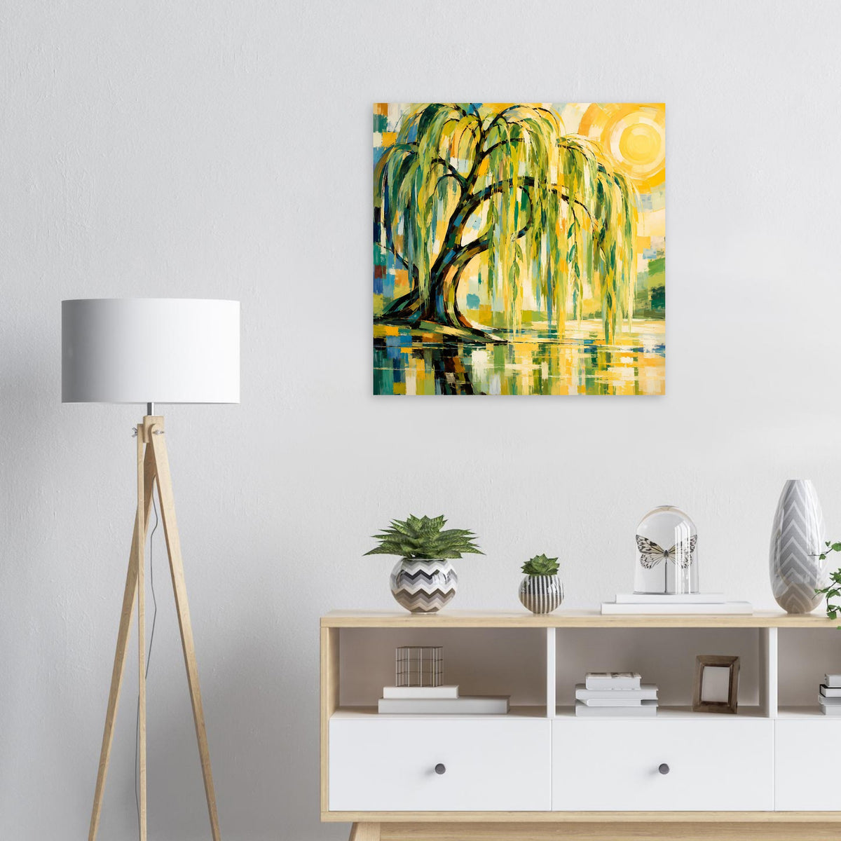 Wandposter mit Weidenbaum-Motiv, leuchtend grün-gelb, Wasserreflexion und gelbem Kreis, quadratisch