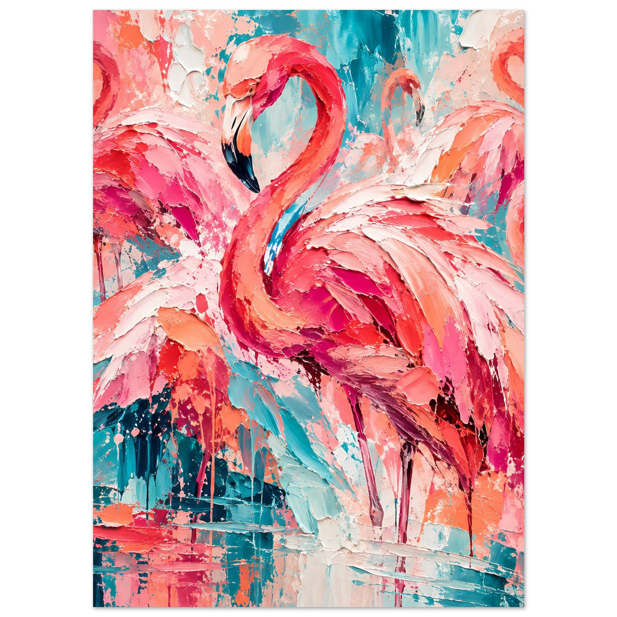 Hochformatiges Flamingo-Poster mit Flamingo-Paar in Pink/Türkis, abstrakte Spritzer