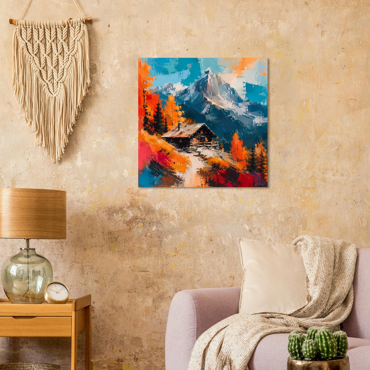 Quadratisches Wandposter mit Alpenhütte, Tannen und Herbststräuchern in Blau und Orange.