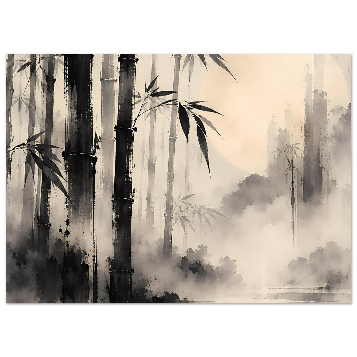 Poster mit Bambuswald-Motiv und Nebel, Bambusstämme in Schwarz-Grau auf beigem Hintergrund